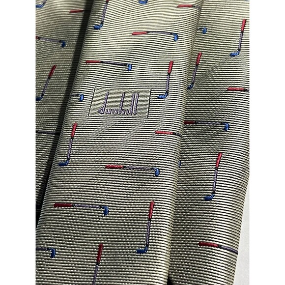 Dunhill Mens Necktie Red Blue Golf Clubs On Metallic Base Made in England - Picture 8 of 8